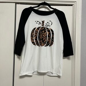 Leopard Pumpkin Raglan Shirt Women's Medium Fall‎ Halloween Three Quarter Sleeve